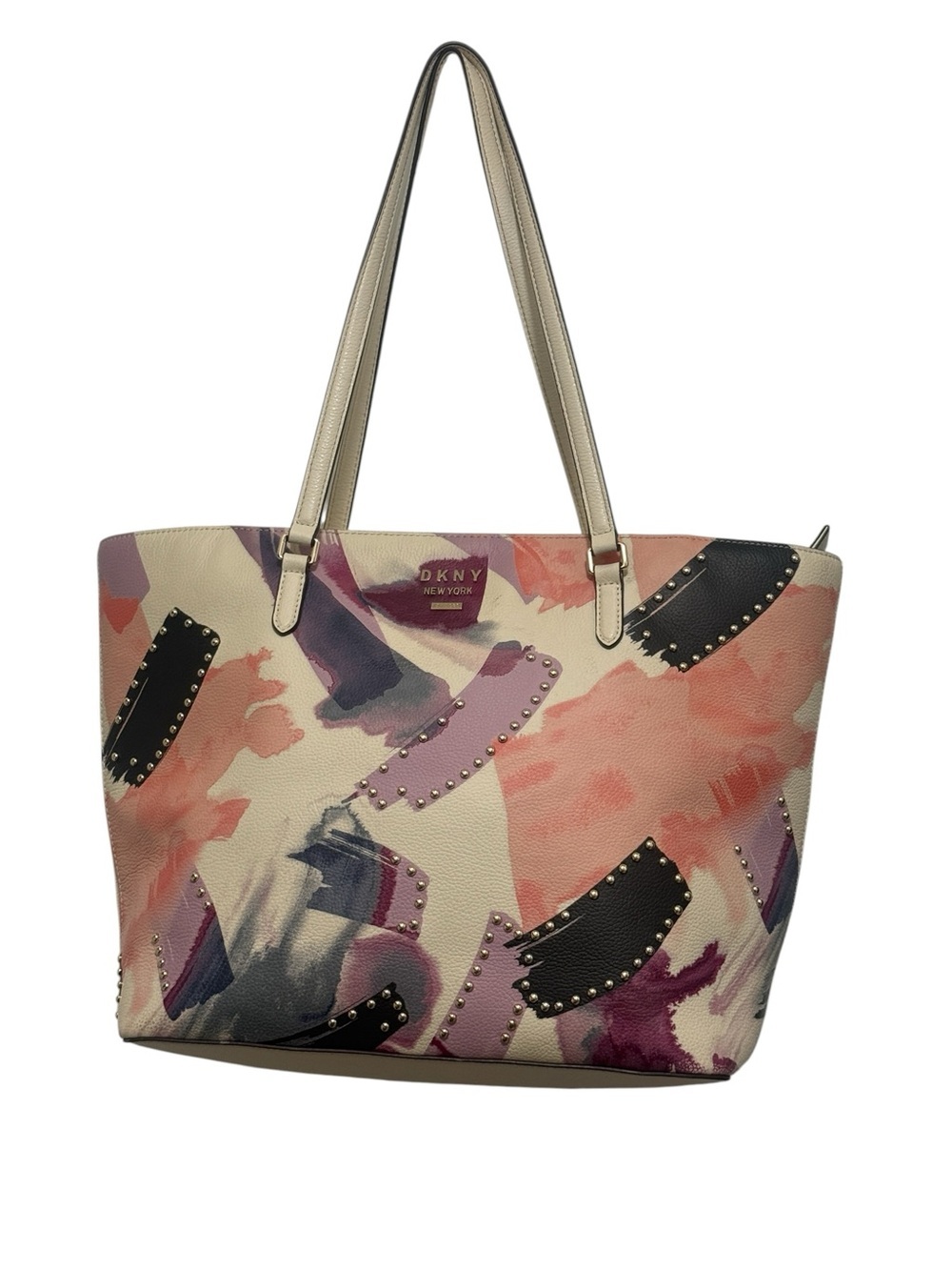 DKNY tote bag,abstract watercolor print with studded leather patches CHIC BAG 
L